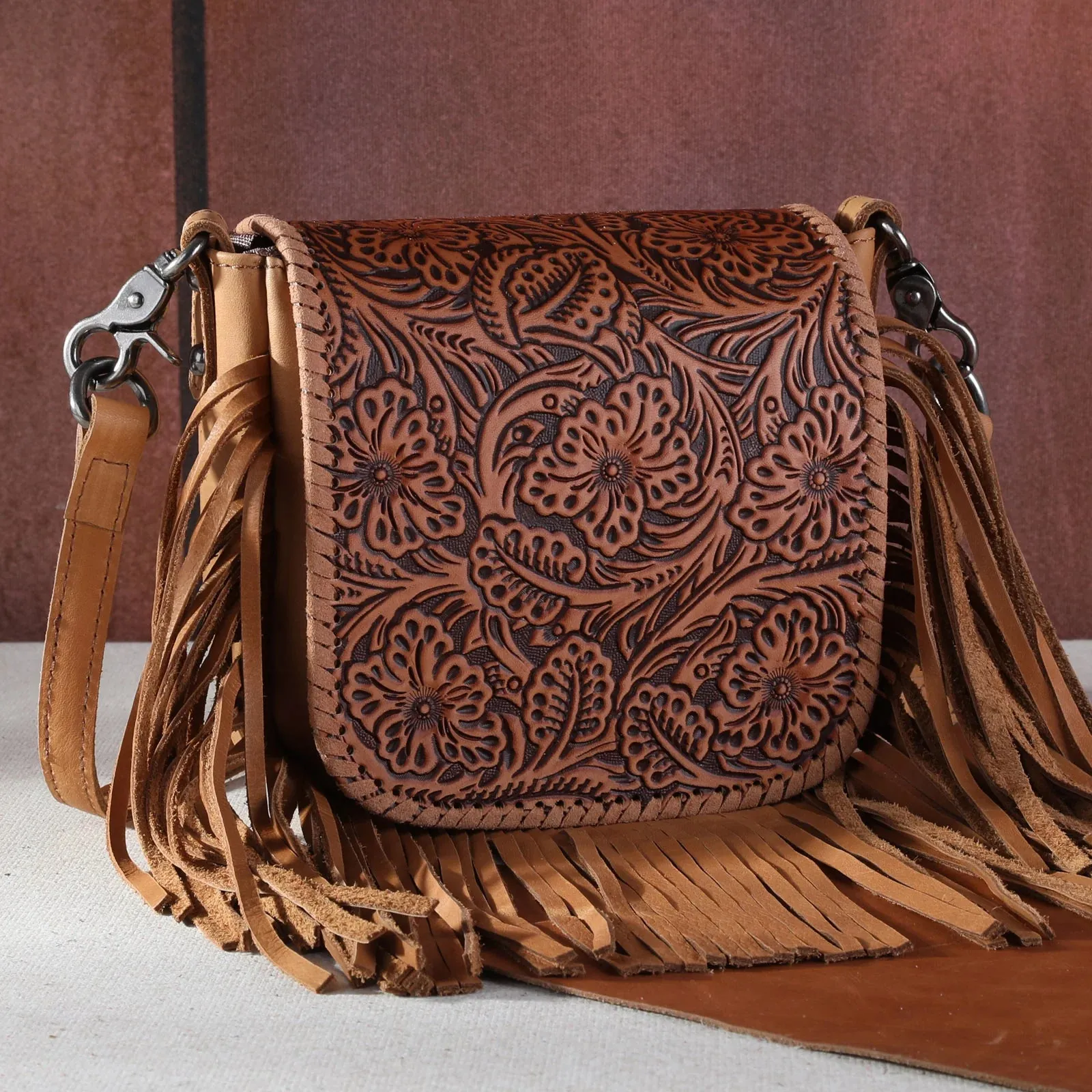 Floral Tooled Leather Crossbody