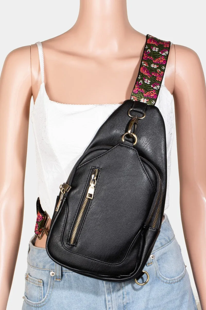 Flower Embroidered Strap Sling Bag