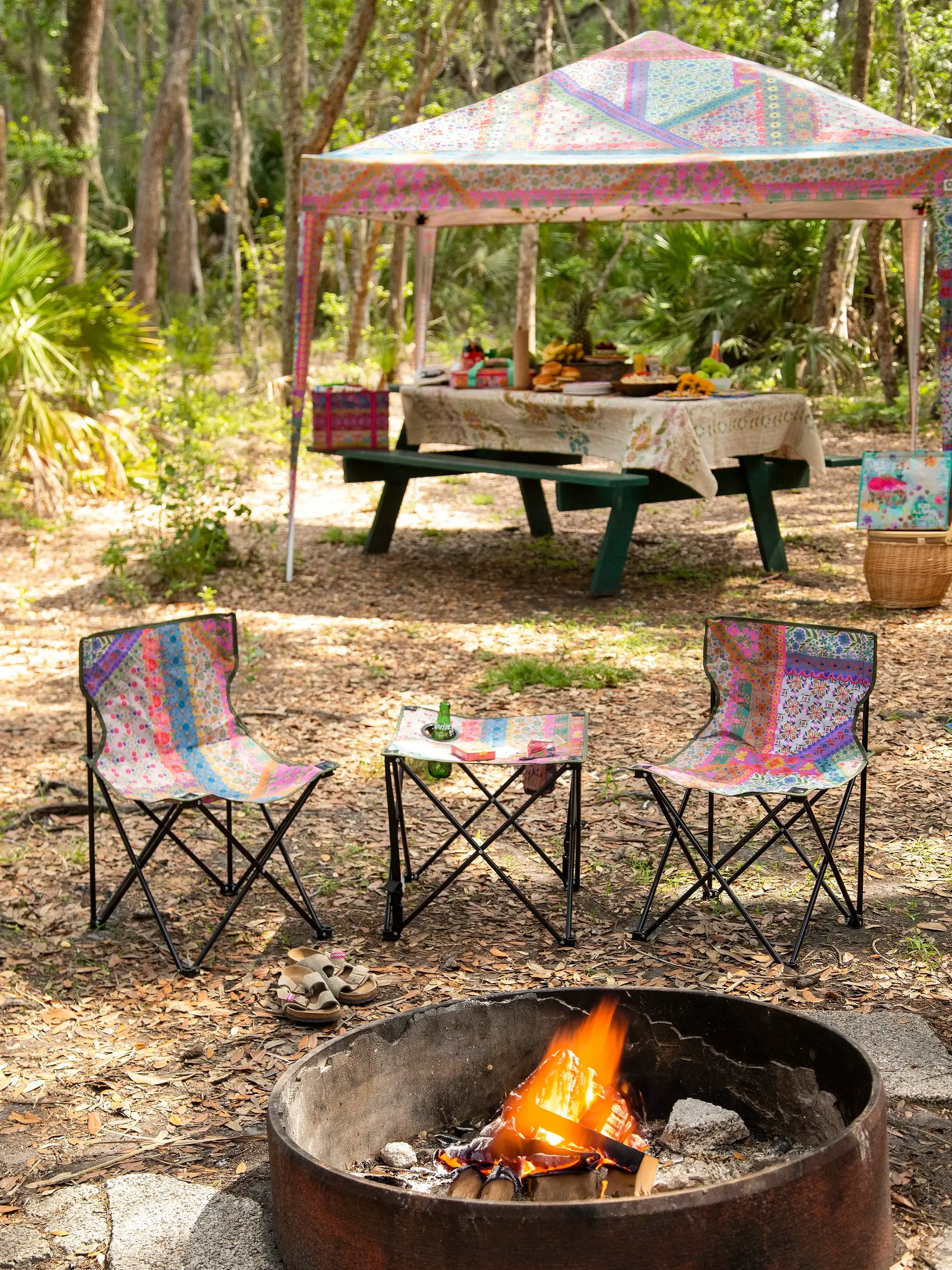 Folding Camp Chairs & Table Set - Folk Flower Patchwork