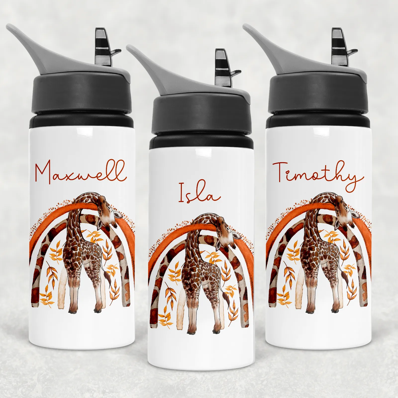 Giraffe Rainbow Personalised Aluminium Straw Water Bottle 650ml