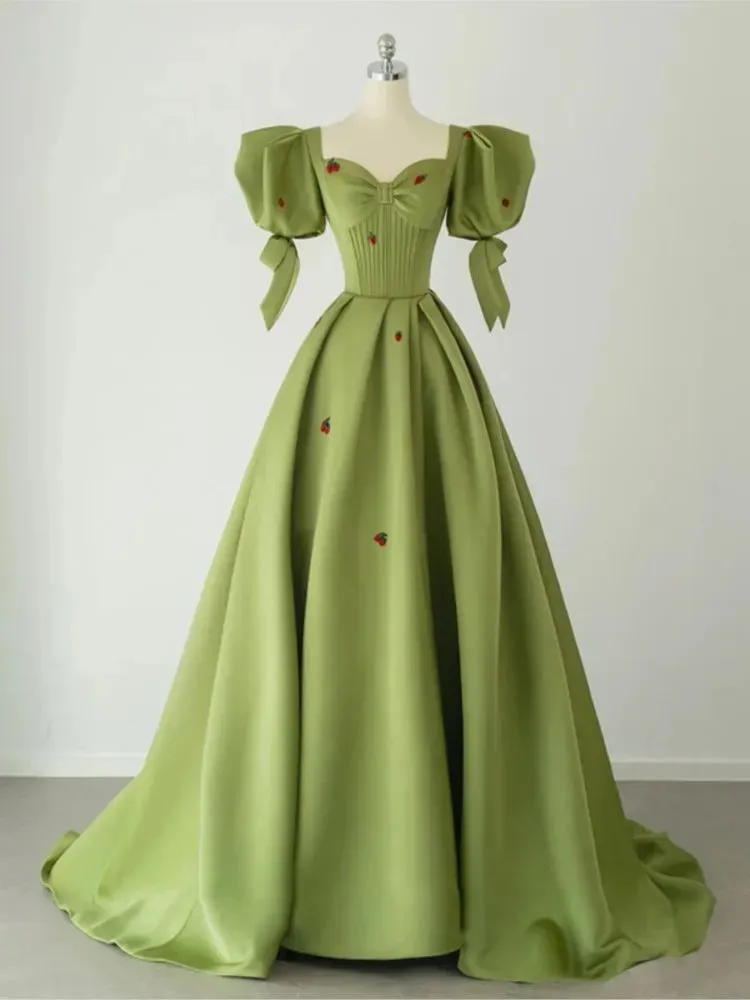 Girlary Green Puff Sleeve Evening Dress Adult Light Luxury Minority French Style Host Female Temperament