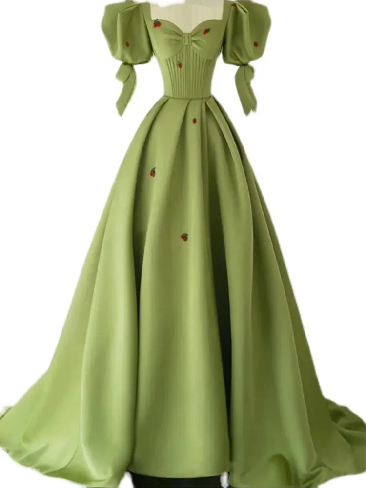 Girlary Green Puff Sleeve Evening Dress Adult Light Luxury Minority French Style Host Female Temperament