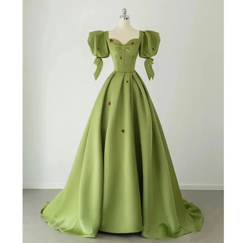 Girlary Green Puff Sleeve Evening Dress Adult Light Luxury Minority French Style Host Female Temperament