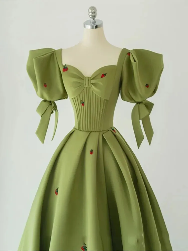 Girlary Green Puff Sleeve Evening Dress Adult Light Luxury Minority French Style Host Female Temperament