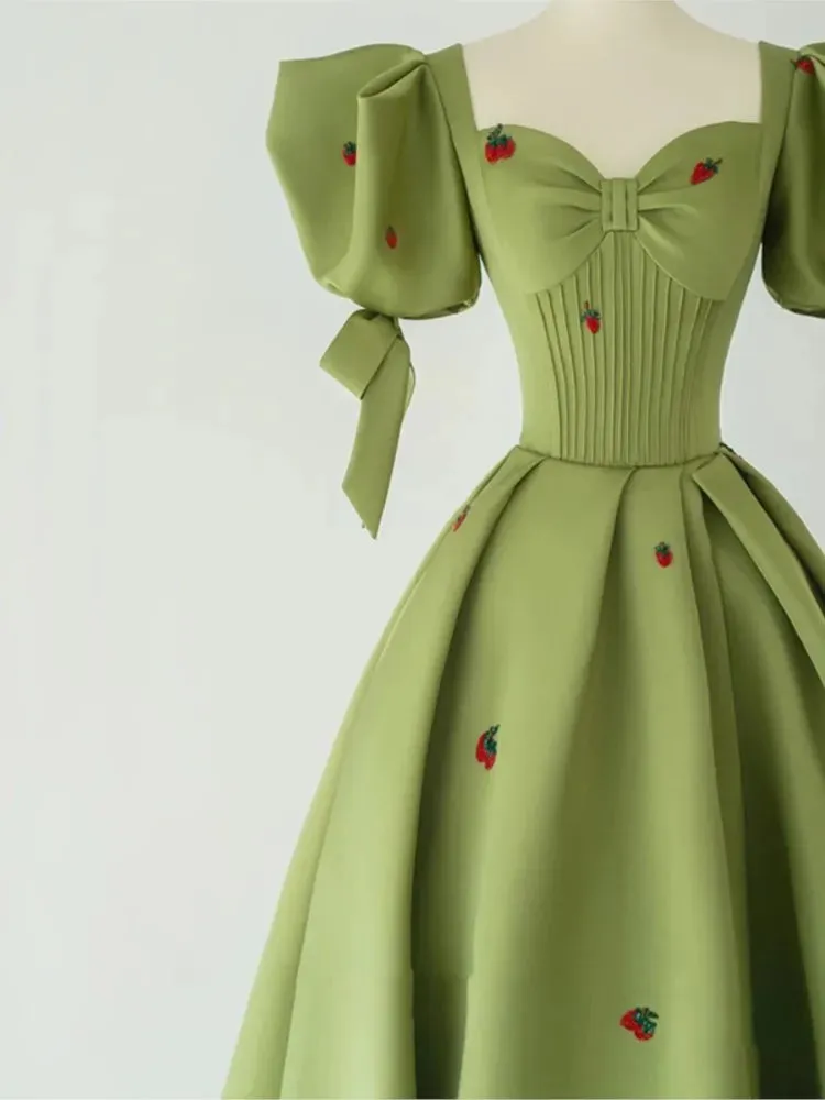 Girlary Green Puff Sleeve Evening Dress Adult Light Luxury Minority French Style Host Female Temperament