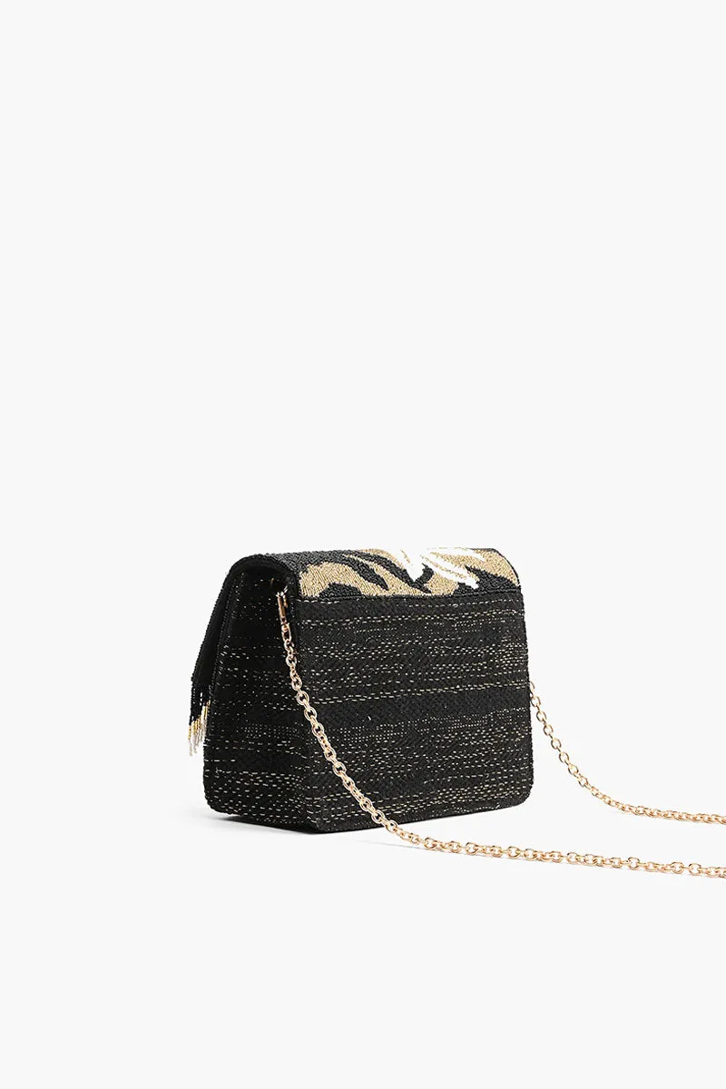 Golden Glam Floral Fringed Crossbody Bag