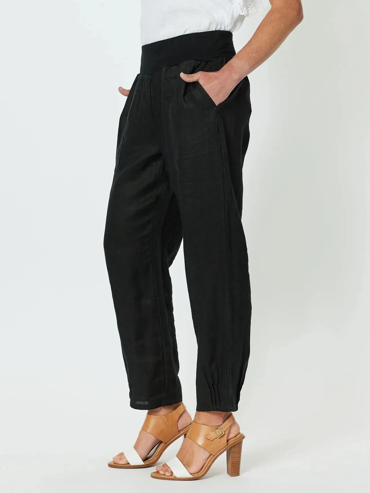 GORDON SMITH Ribbed Waist Linen Pant Black