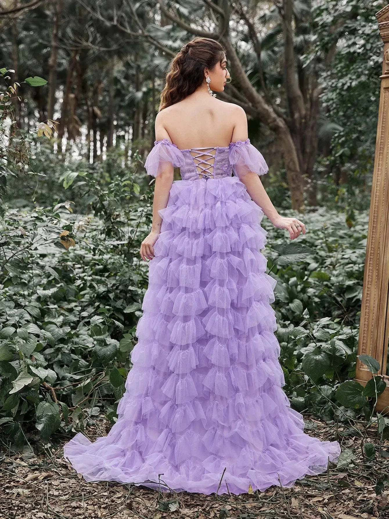 Gorgeous Floral Applique Sequin Bodice Cascading Ruffle Hem Tulle Prom Dress