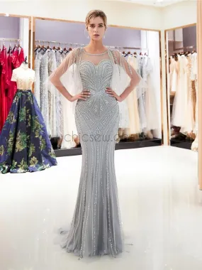 Gorgeous Half Sleeves Beaded Mermaid Long Evening Prom Dresses XDM1147