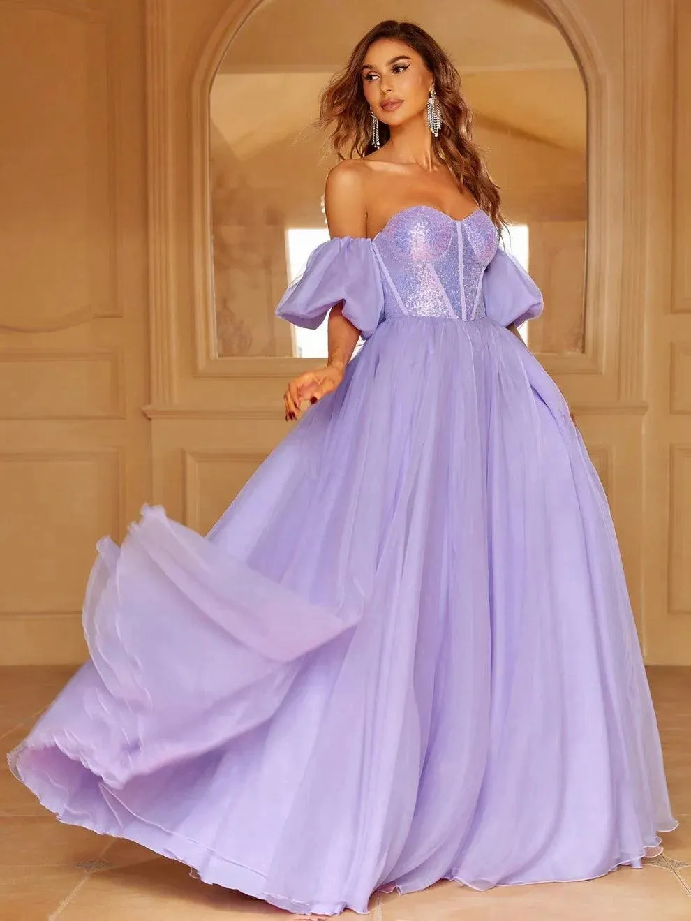 Gorgeous Off Shoulder Puff Sleeves Sequin Bodice Prom Dress