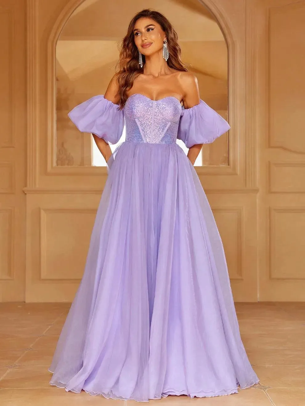 Gorgeous Off Shoulder Puff Sleeves Sequin Bodice Prom Dress