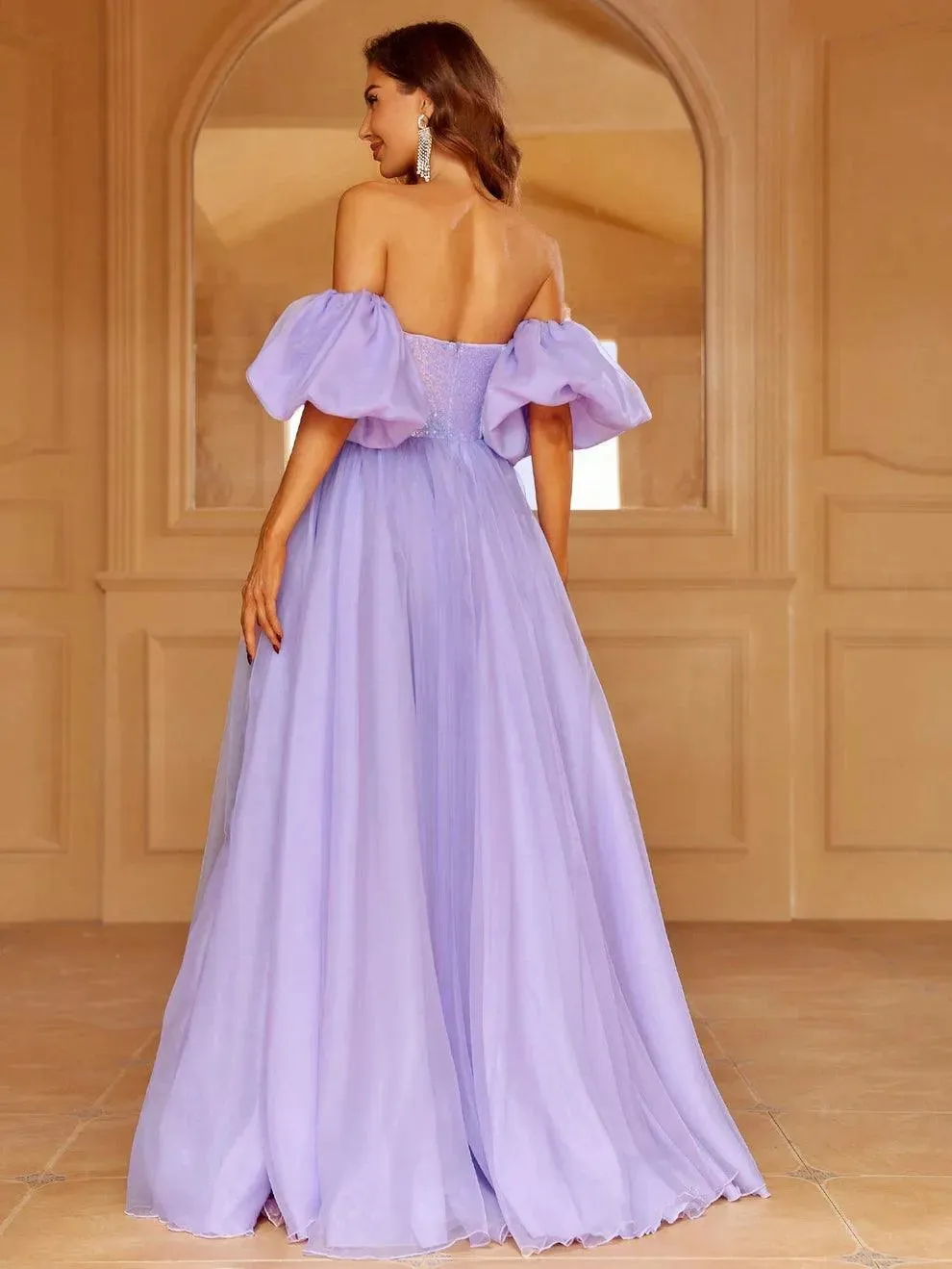 Gorgeous Off Shoulder Puff Sleeves Sequin Bodice Prom Dress