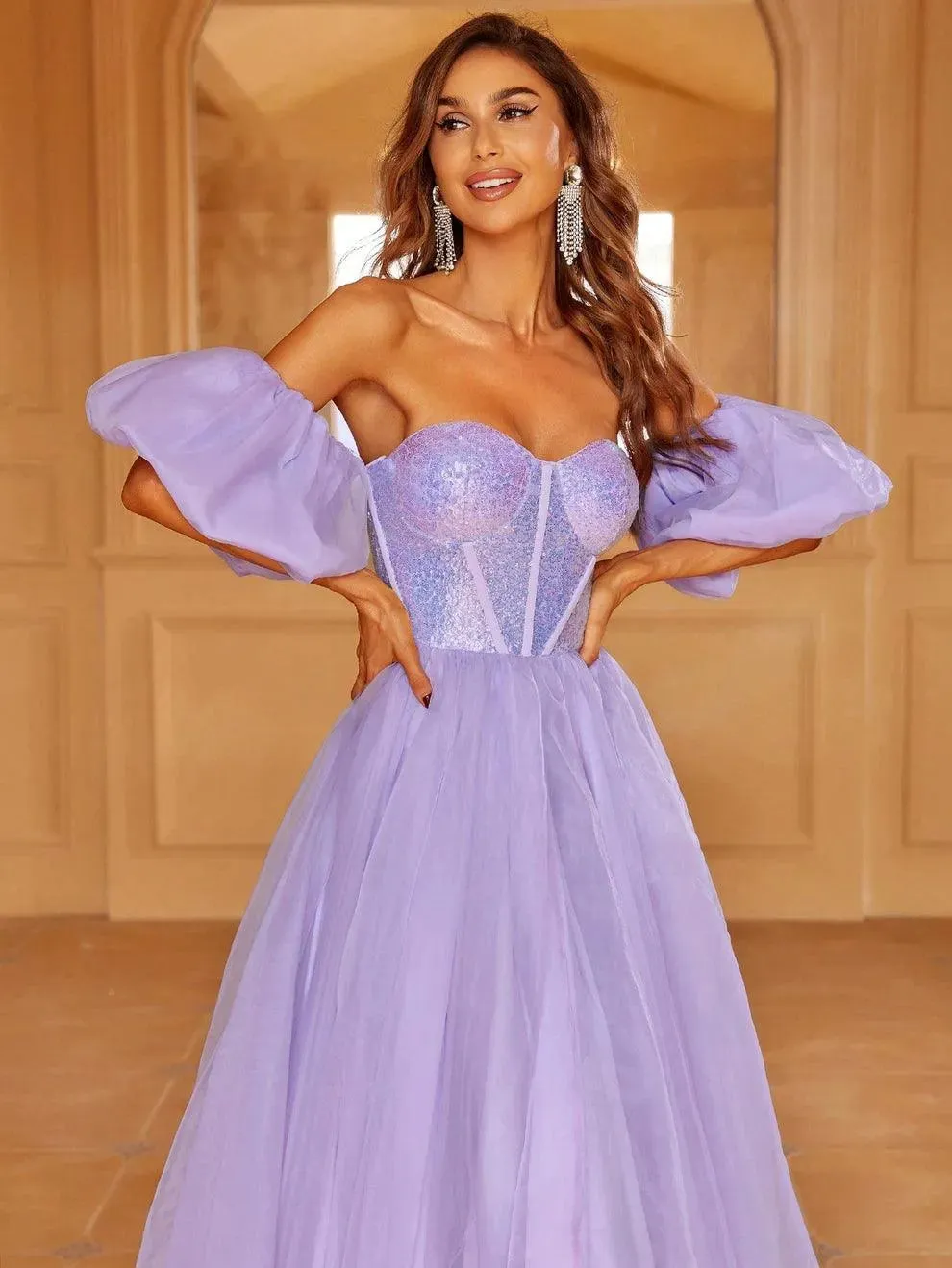 Gorgeous Off Shoulder Puff Sleeves Sequin Bodice Prom Dress