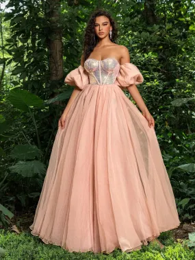 Gorgeous Off Shoulder Puff Sleeves Sequin Bodice Prom Dress