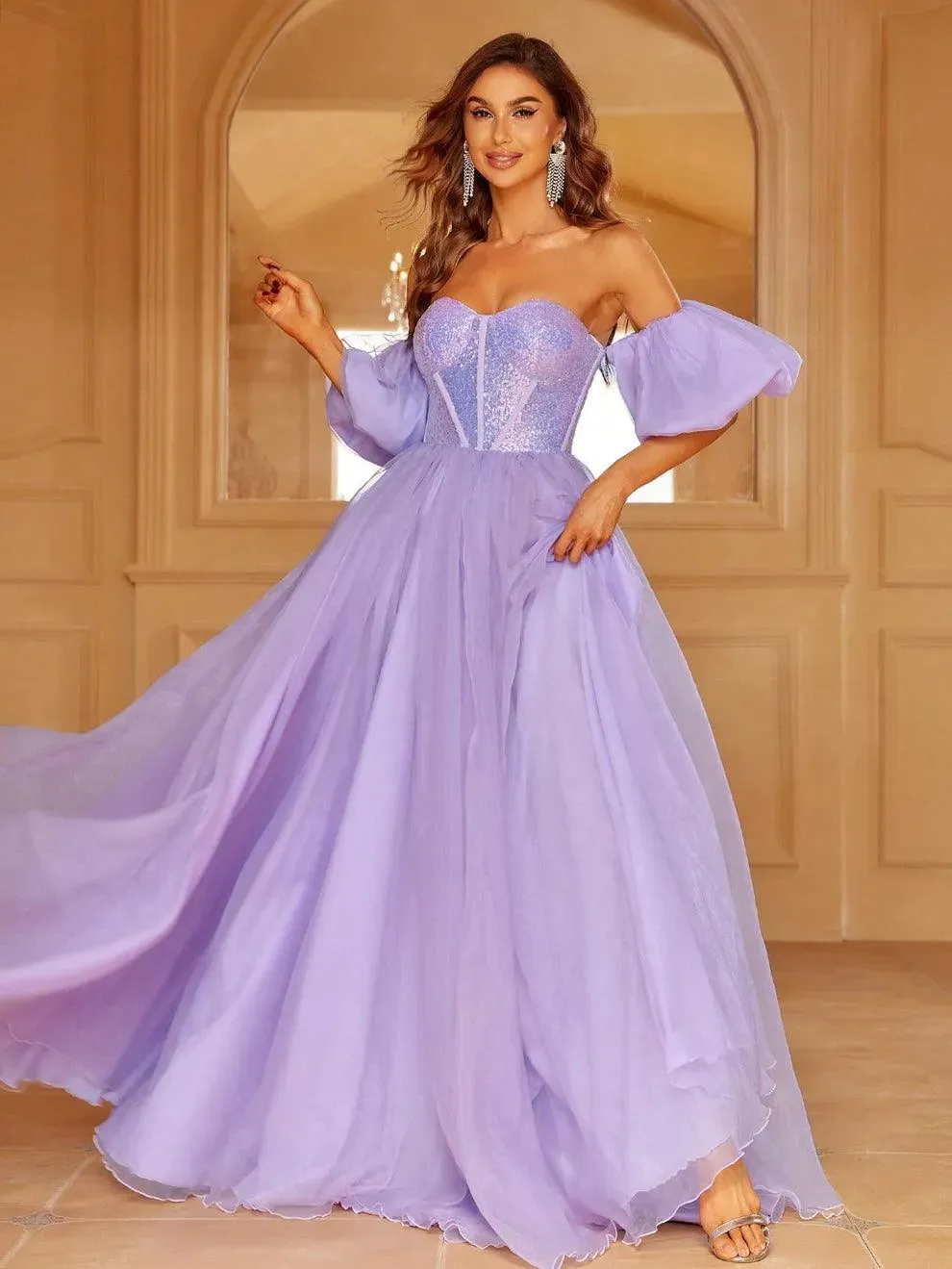 Gorgeous Off Shoulder Puff Sleeves Sequin Bodice Prom Dress