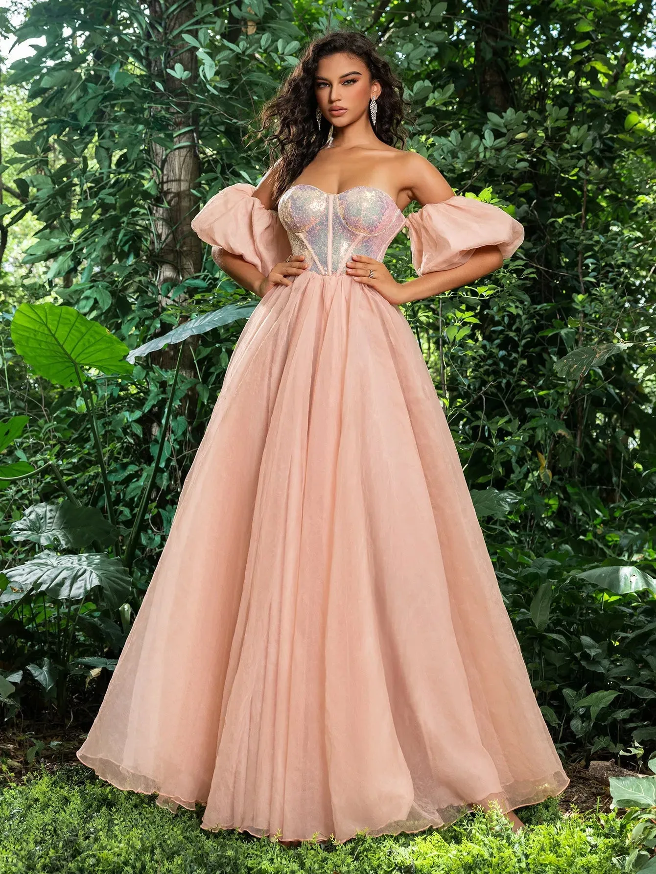 Gorgeous Off Shoulder Puff Sleeves Sequin Bodice Prom Dress