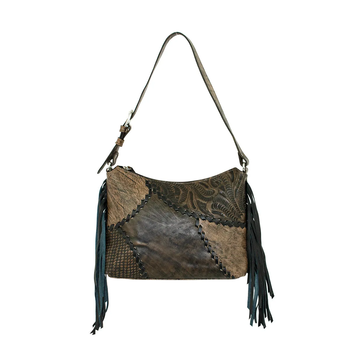 Gypsy Patch Zip Top Shoulder Bag - Charcoal Brown