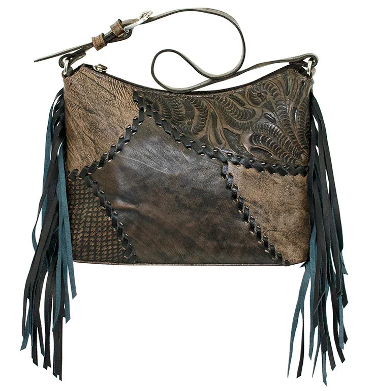 Gypsy Patch Zip Top Shoulder Bag - Charcoal Brown