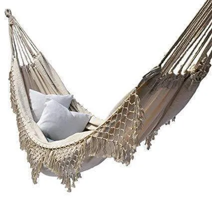 Hammock Ivory White Brazilian Style - Canvas Tassels Crochet Fringe Double EXTRA-LARGE Cream Natural