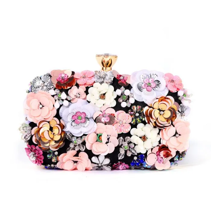 Hand Craft Floral Embellished Clutch Bag in Black