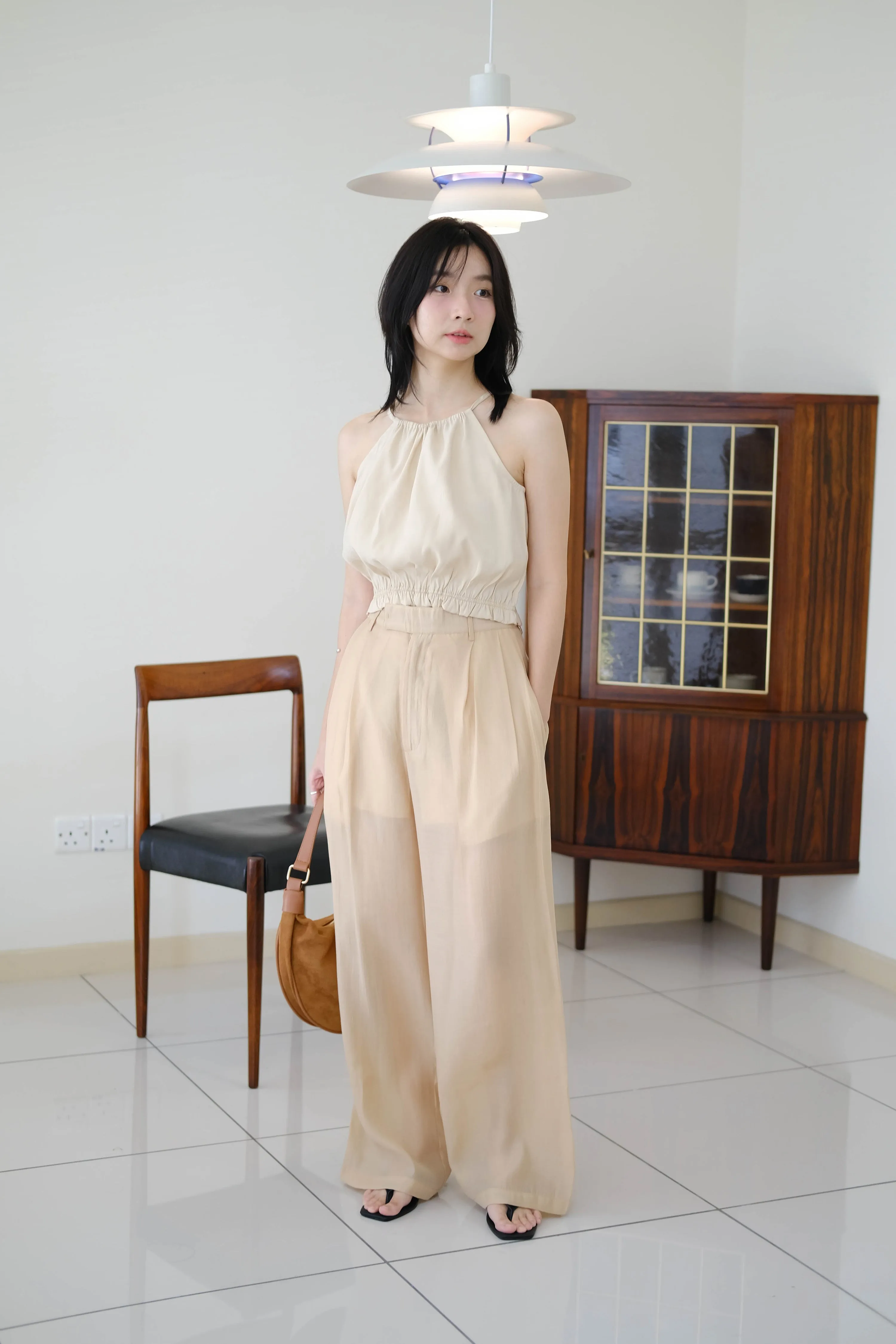 High-waisted Wide-leg Sunscreen Trousers in Almond