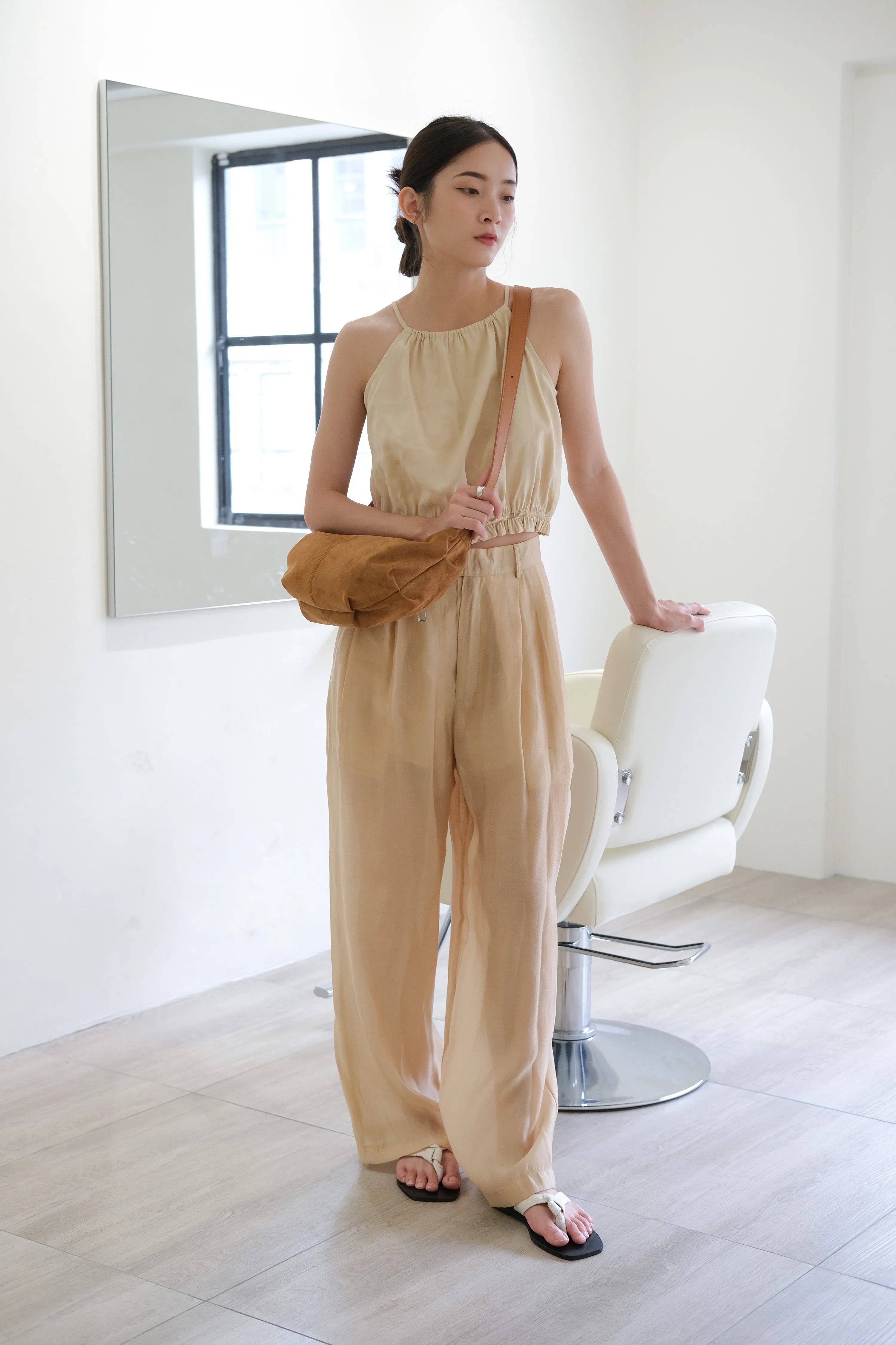 High-waisted Wide-leg Sunscreen Trousers in Almond