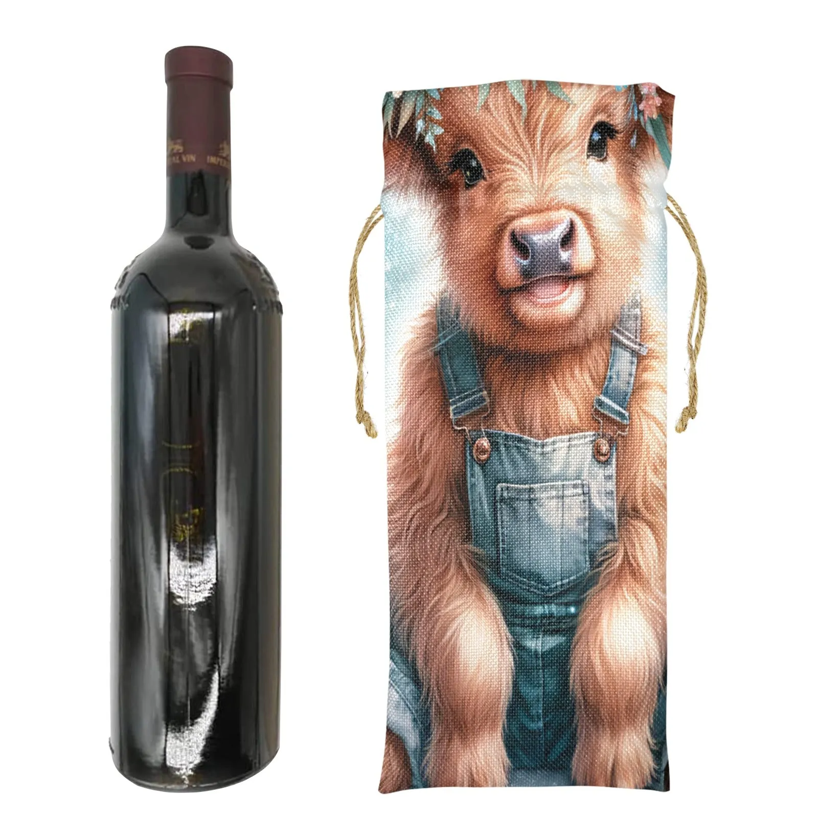 Highland Cow awd1159 Linen Wine Bottle Bag