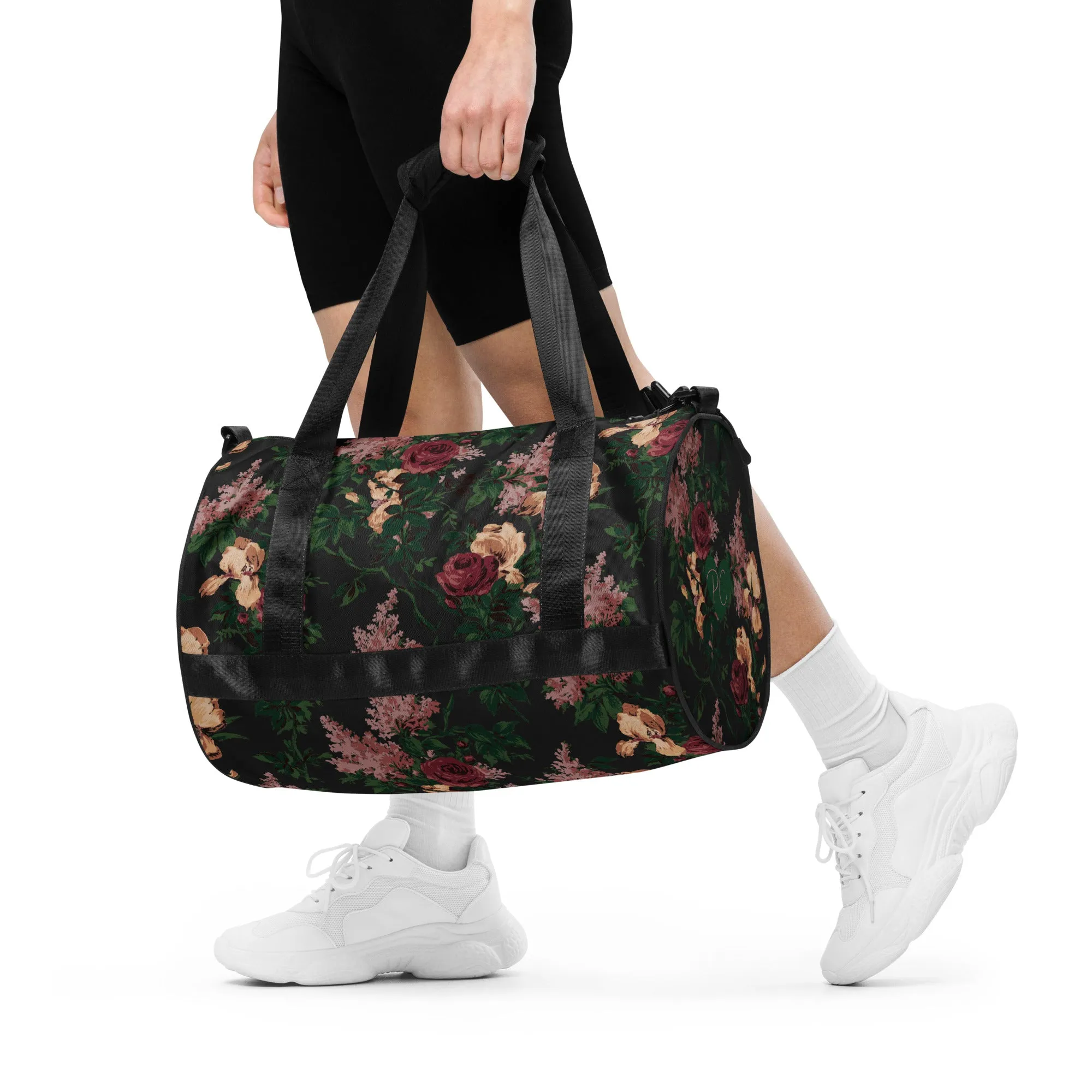 Hillary Overnighter Carry On Workout Duffle Bag in Dark Bella Roses Floral | Pinup Couture Relaxed