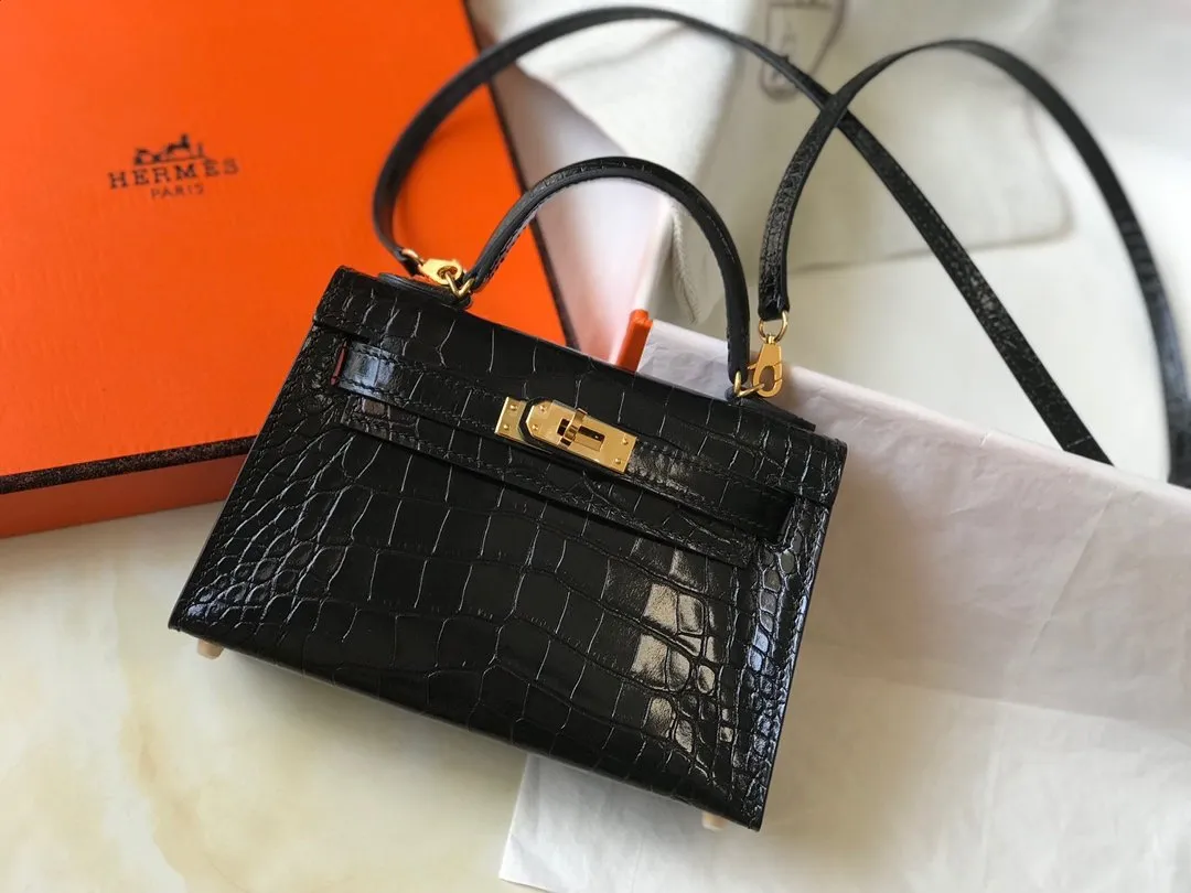 HM Mini Kelly 19 Black Crocodile Bag For Women, Handbags, Shoulder Bags 7.5in/19cm