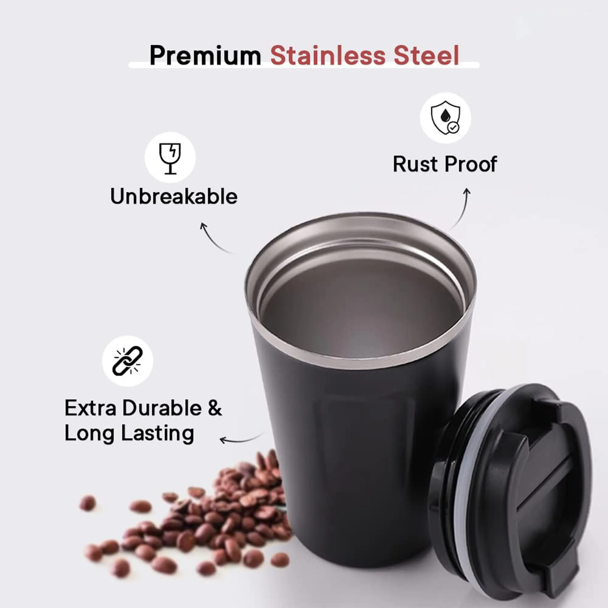 Homestic Insulated Coffee Tumbler Mug with Lid for Office, Gym & Travel | Stainless Steel Leak-Proof Thermos for Tea/Coffee/Water - Ideal for Hot & Cold Beverages | CO230204A-Black