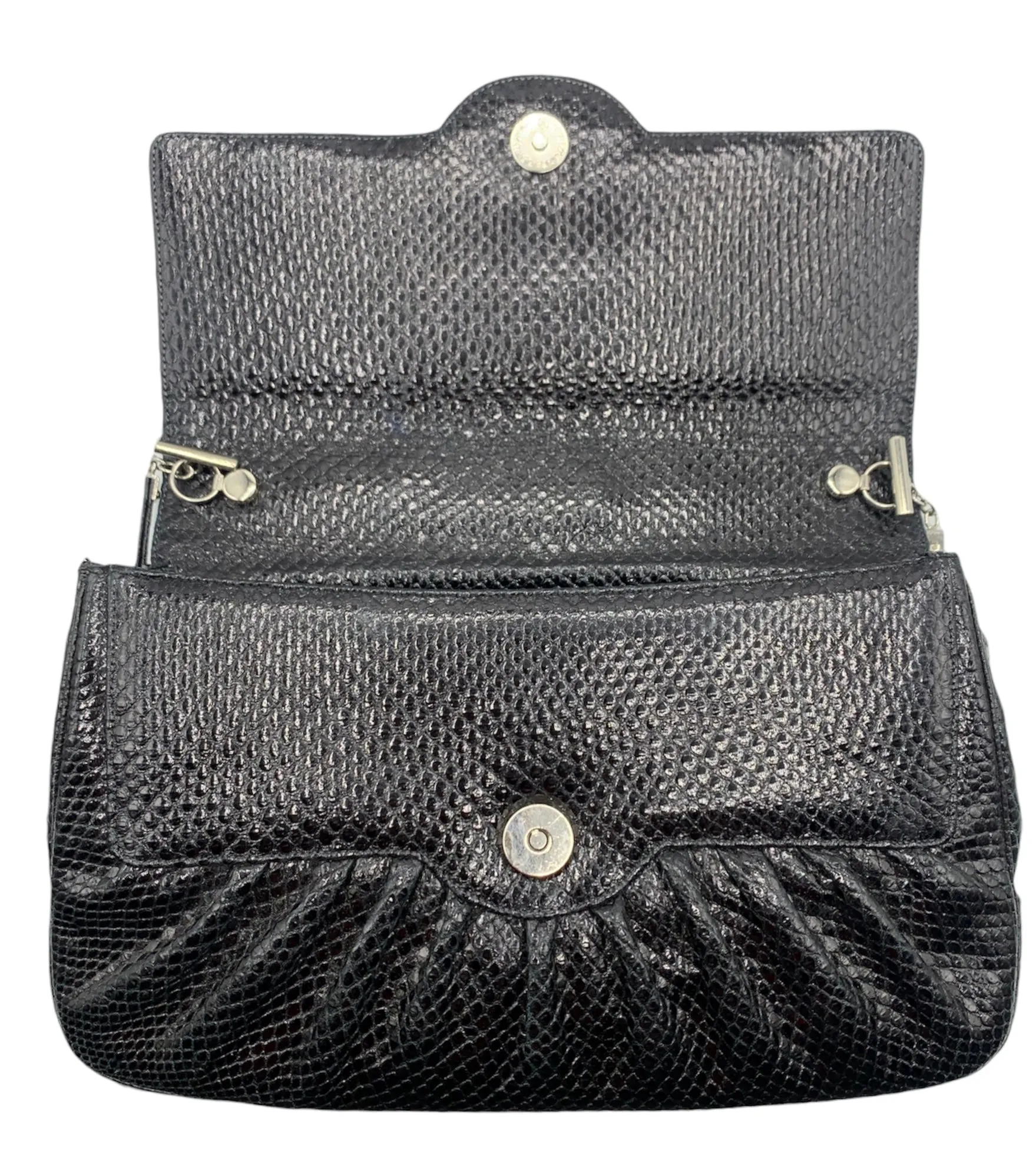 Judith Leiber 80s Black Reptile Deco Evening Convertible Evening Bag