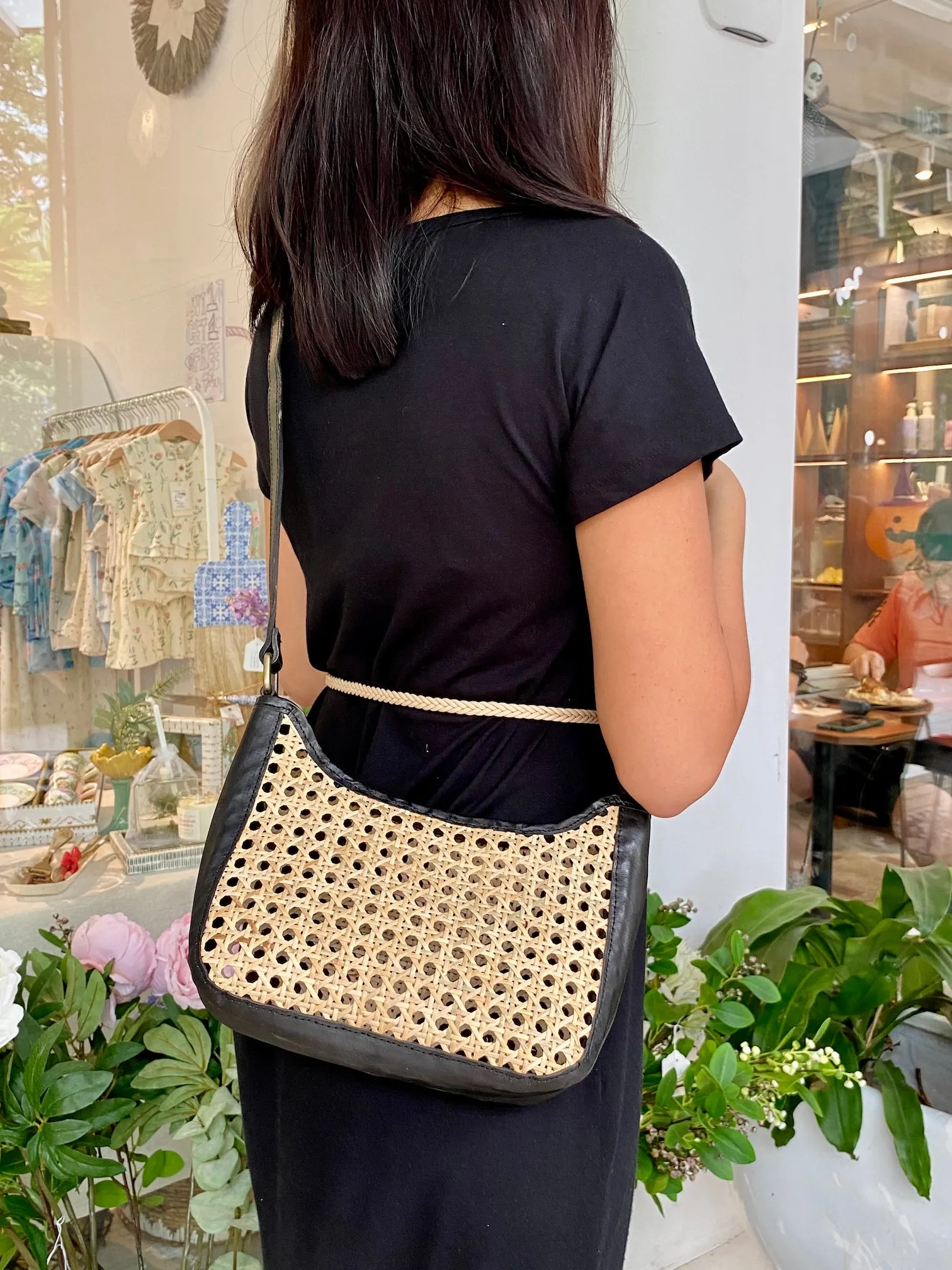 Kai Leather & Rattan Curved Shoulder/Crossbody Handbag (three colours)