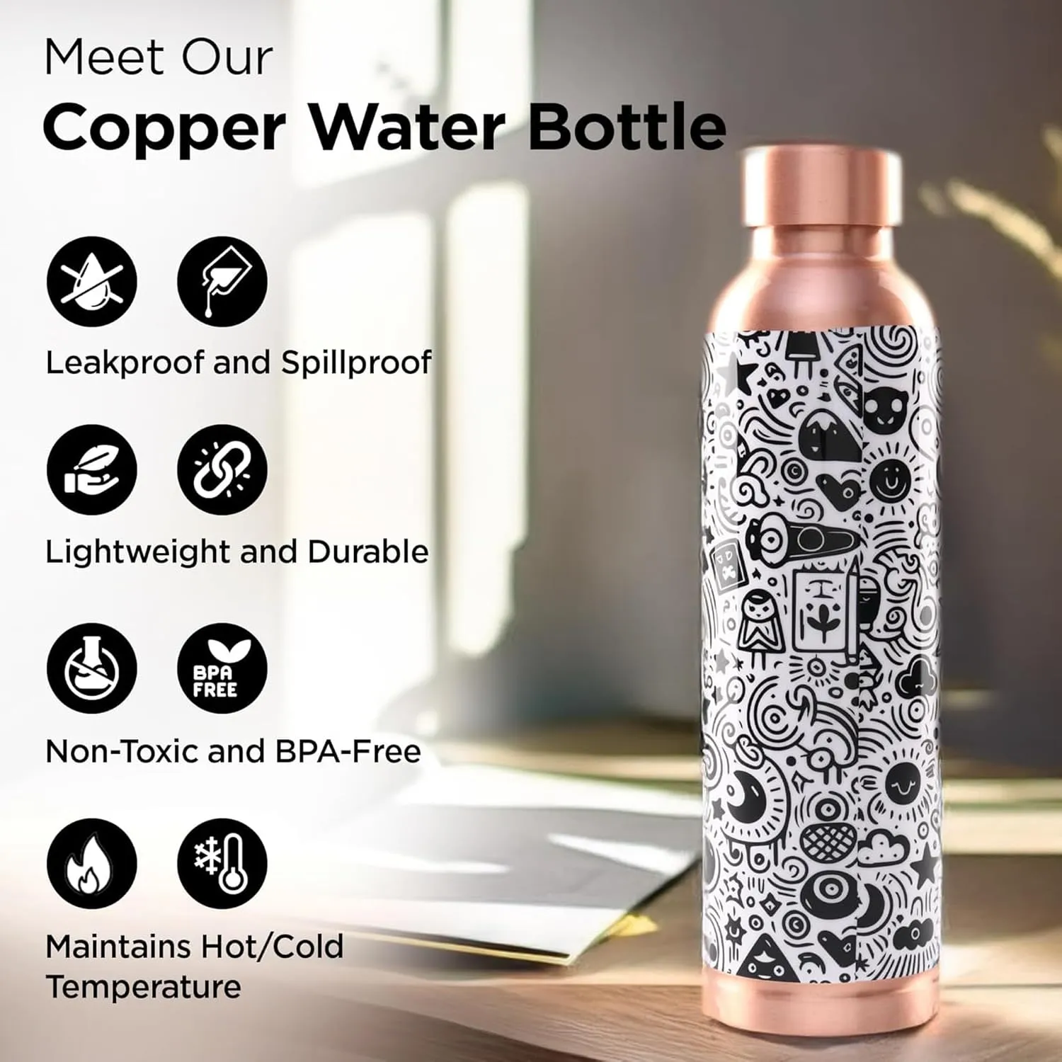 Kuber Industries Pack of 3 Copper Water Bottle - Eco-Friendly & Leakproof Tamaba Bottle for Office/Gym/Yoga/College, Men & Women | 950ml | Lining Design