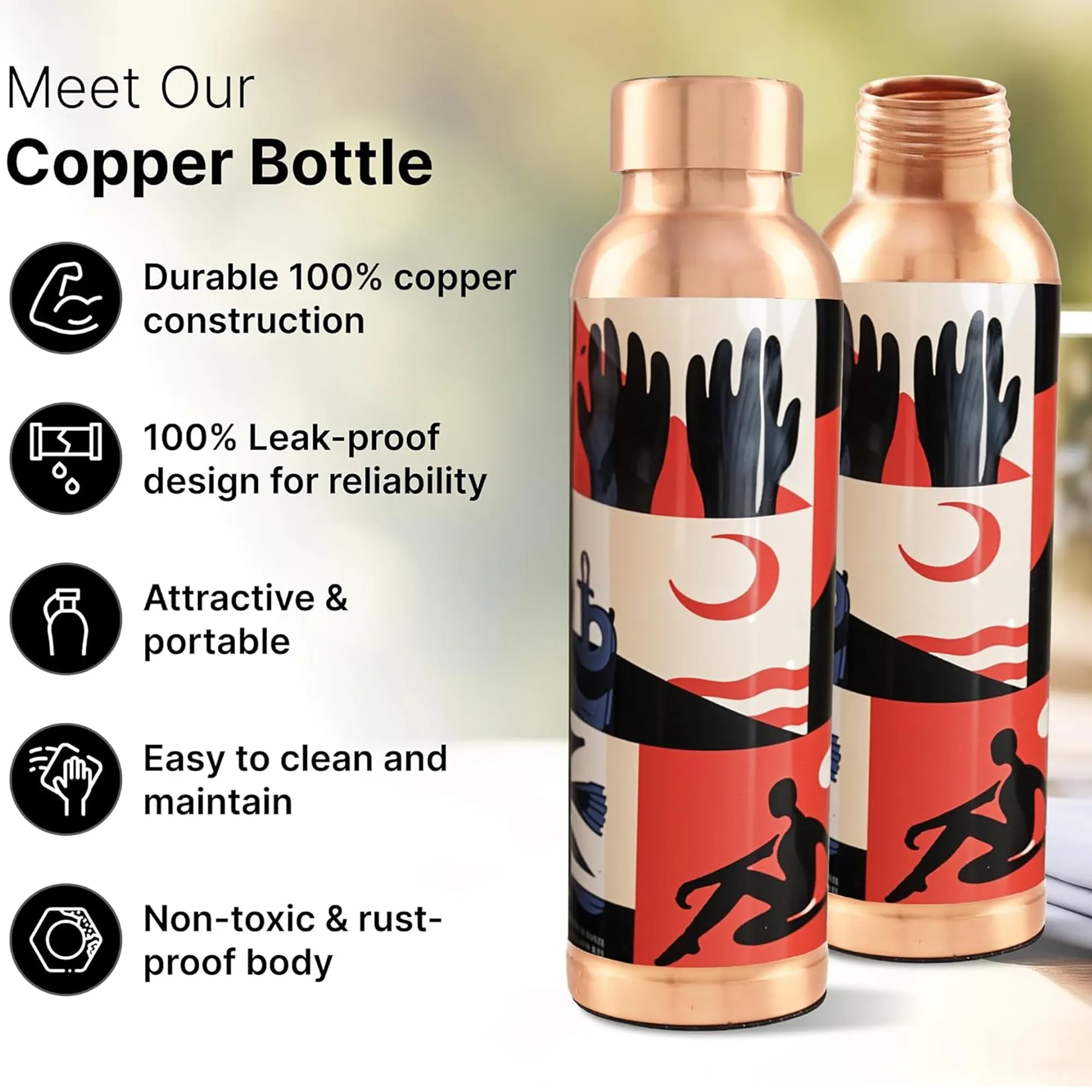 Kuber Industries Pack of 5 Copper Water Bottle - 950ml Leakproof Tamaba Bottle for Office/Gym/Yoga/College, Men & Women - Saharan Sunset Print