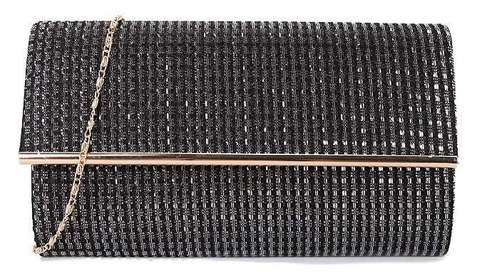 LARGE BLACK AND SILVER METALLIC FOLD OVER CLUTCH BAG WITH LONG CHAIN STRAP