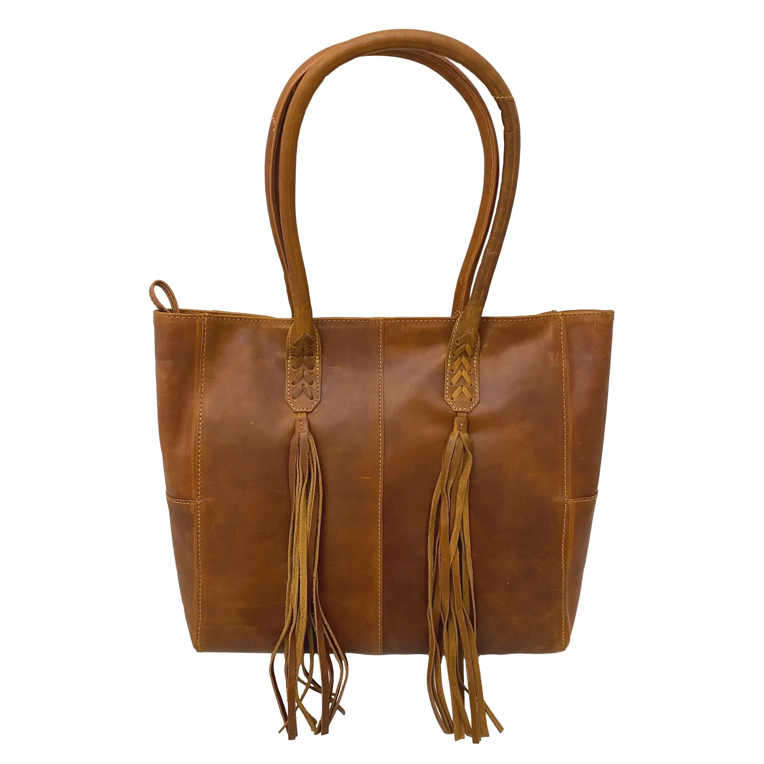 Leather Tote with Tassels - Black - Tan