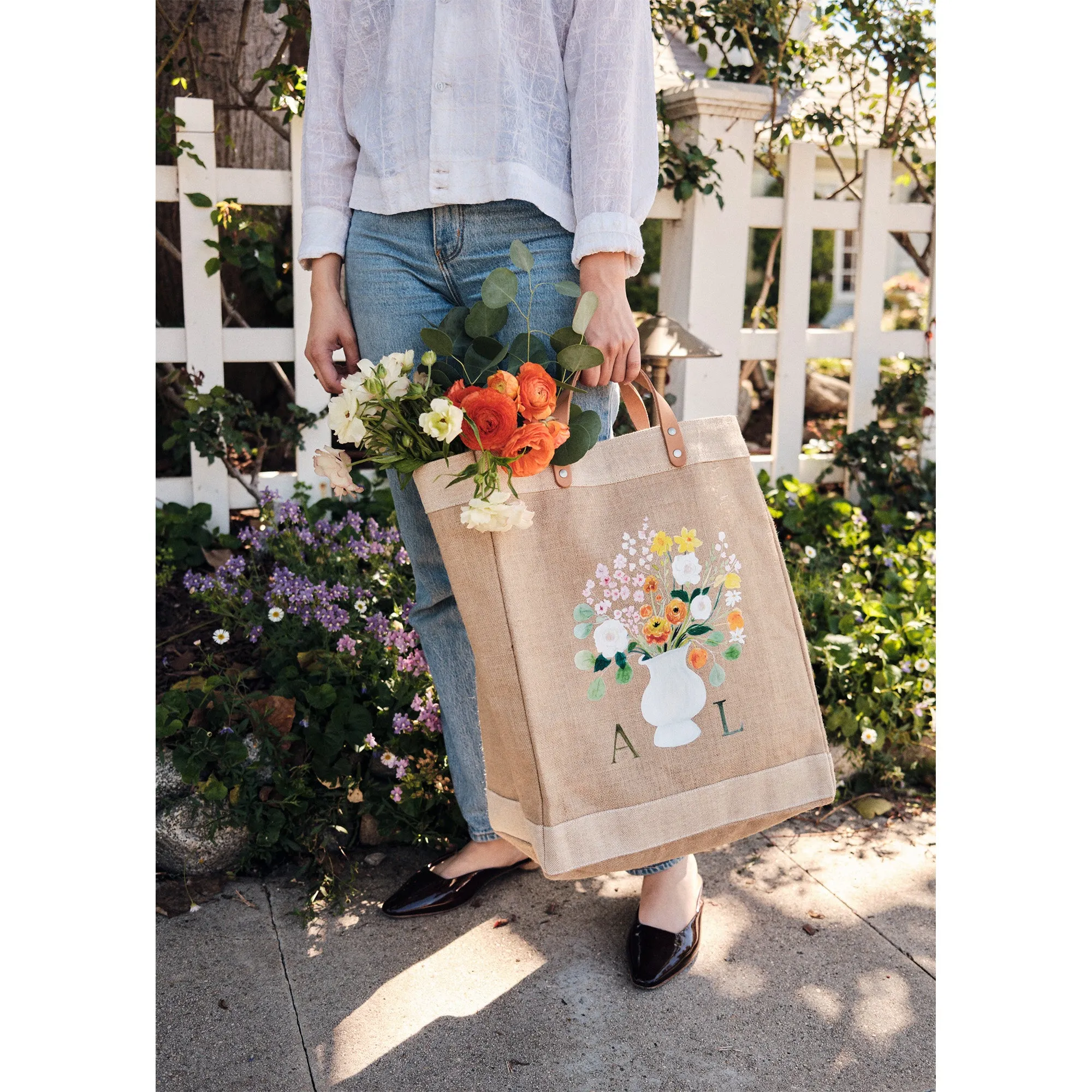 Market Bag in Natural Bouquet with White Vase by Amy Logsdon