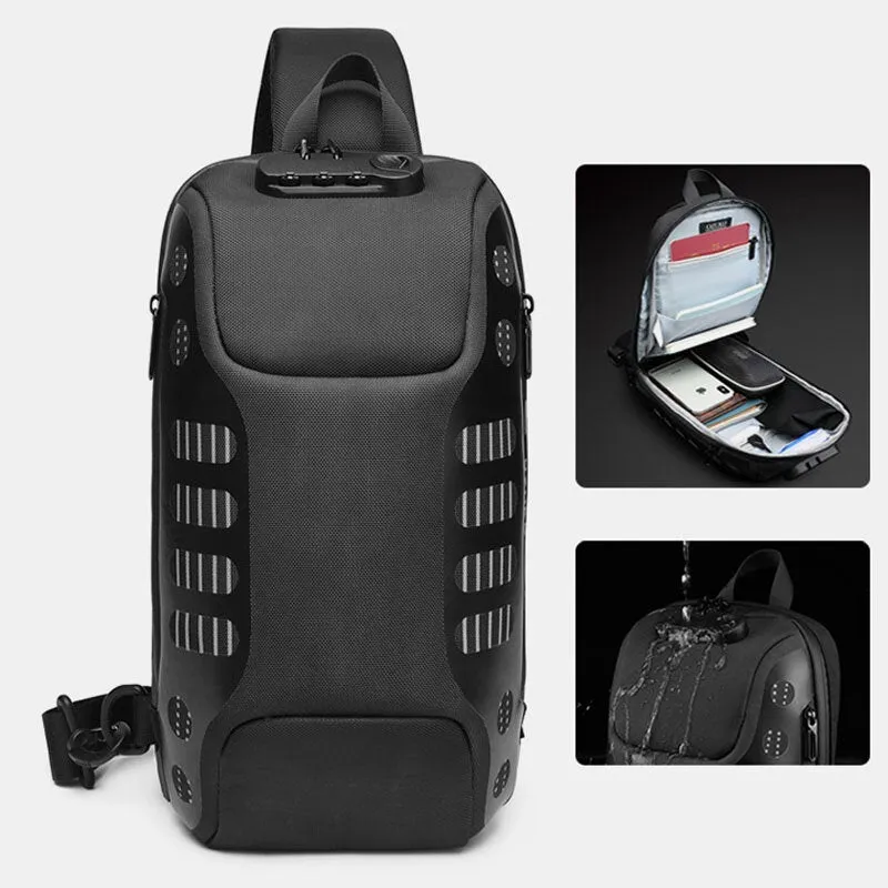 Men Oxford Multifunction Anti-theft Password Lock Chest Bag Casual Hidden Water Bottle Pocket Reflective Strip Design USB Charging Crossbody Shoulder Bag