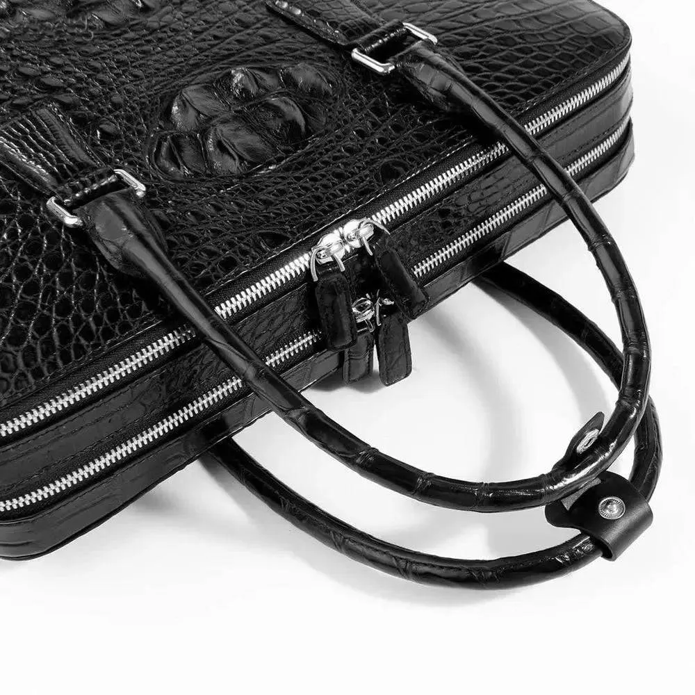 Mens Crocodile Bone Leather Briefcase Black