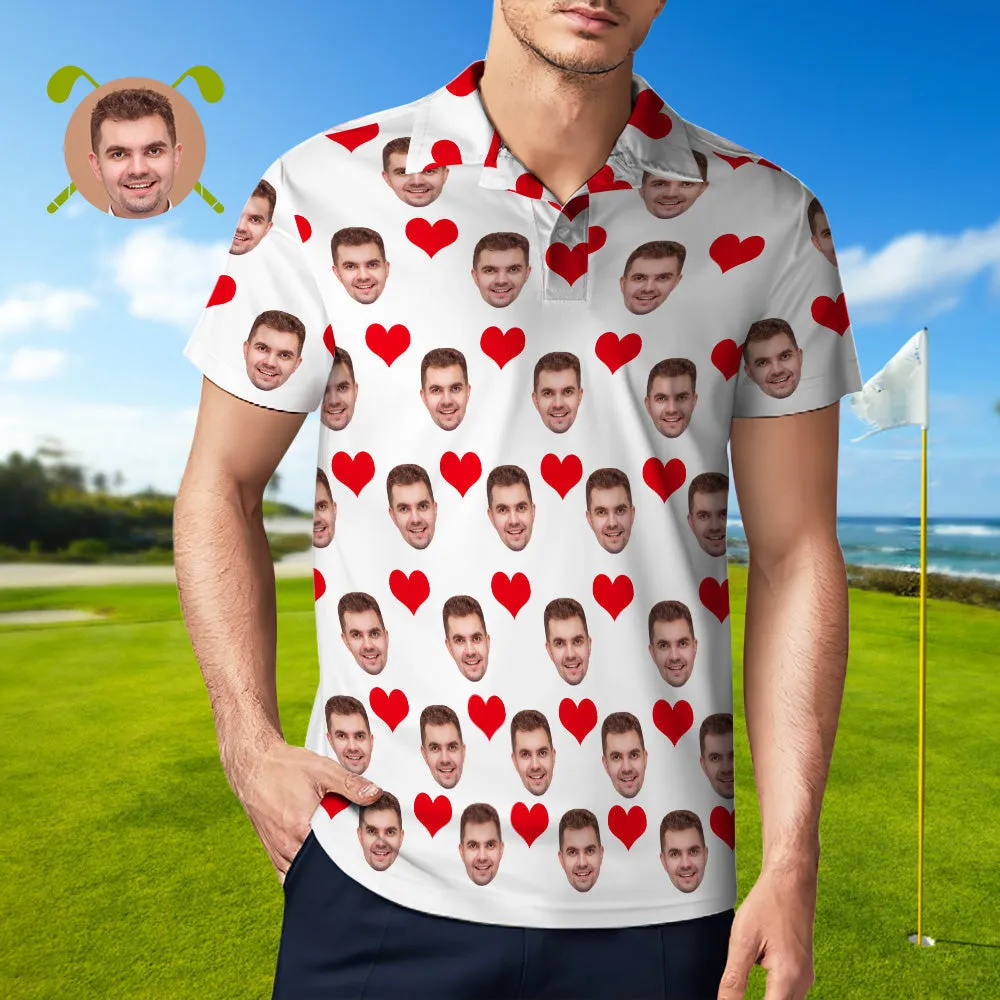 Men's Custom Face POLO Shirt Personalised Golf Shirts For Him Love Heart