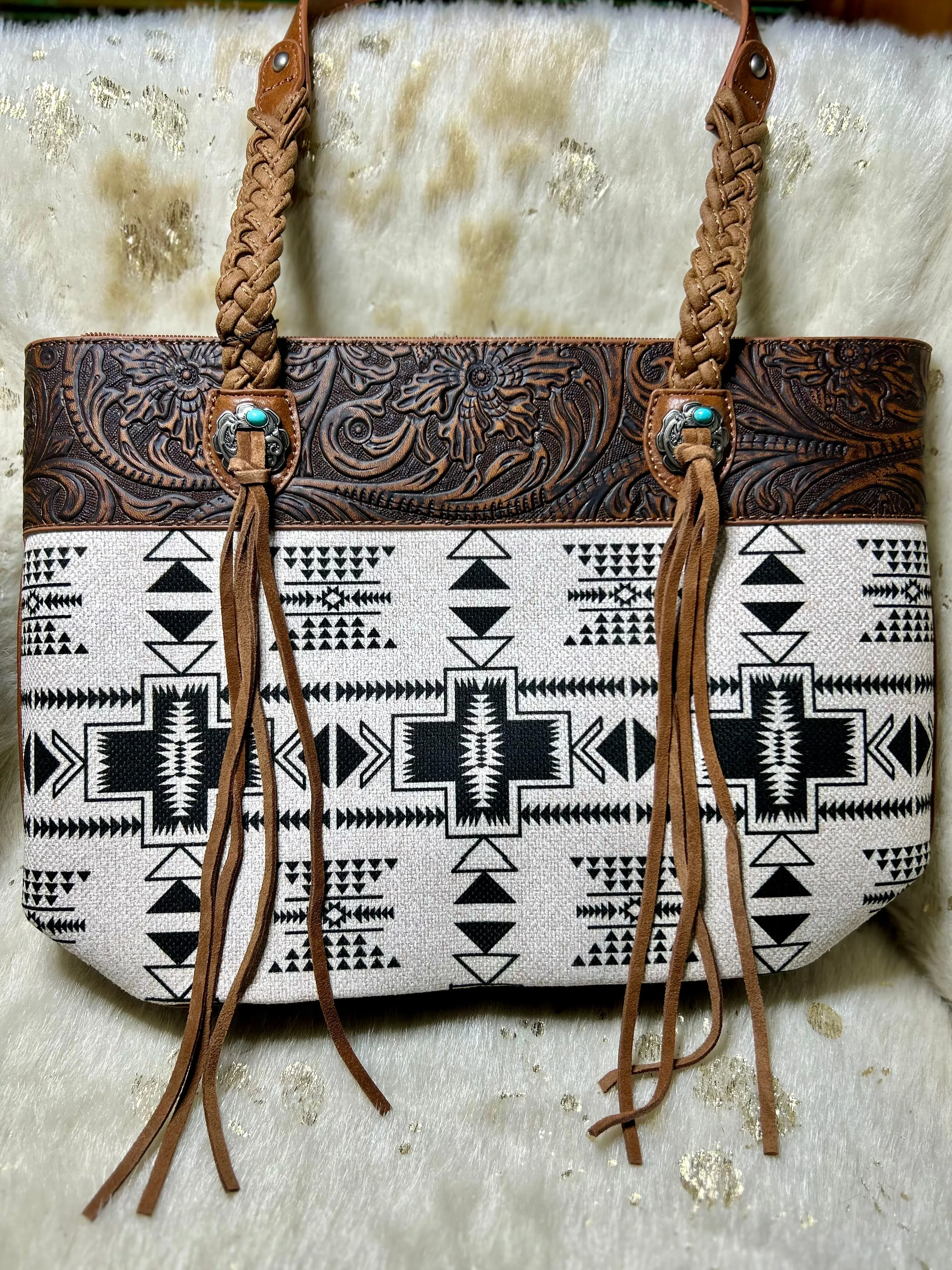 Montana West Braided Strap Aztec Tote Bag