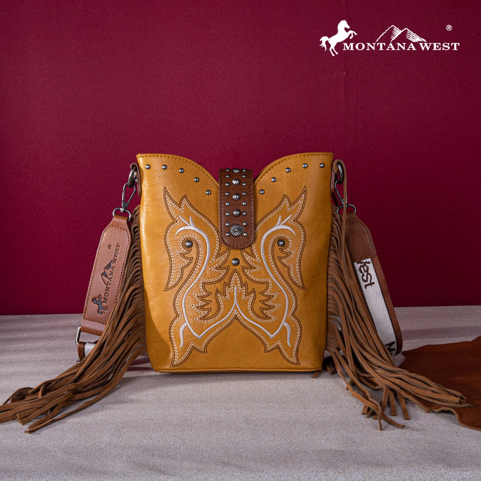 MW1247-9360  Montana West Embroidered Fringe Collection Boot Purse Crossbody