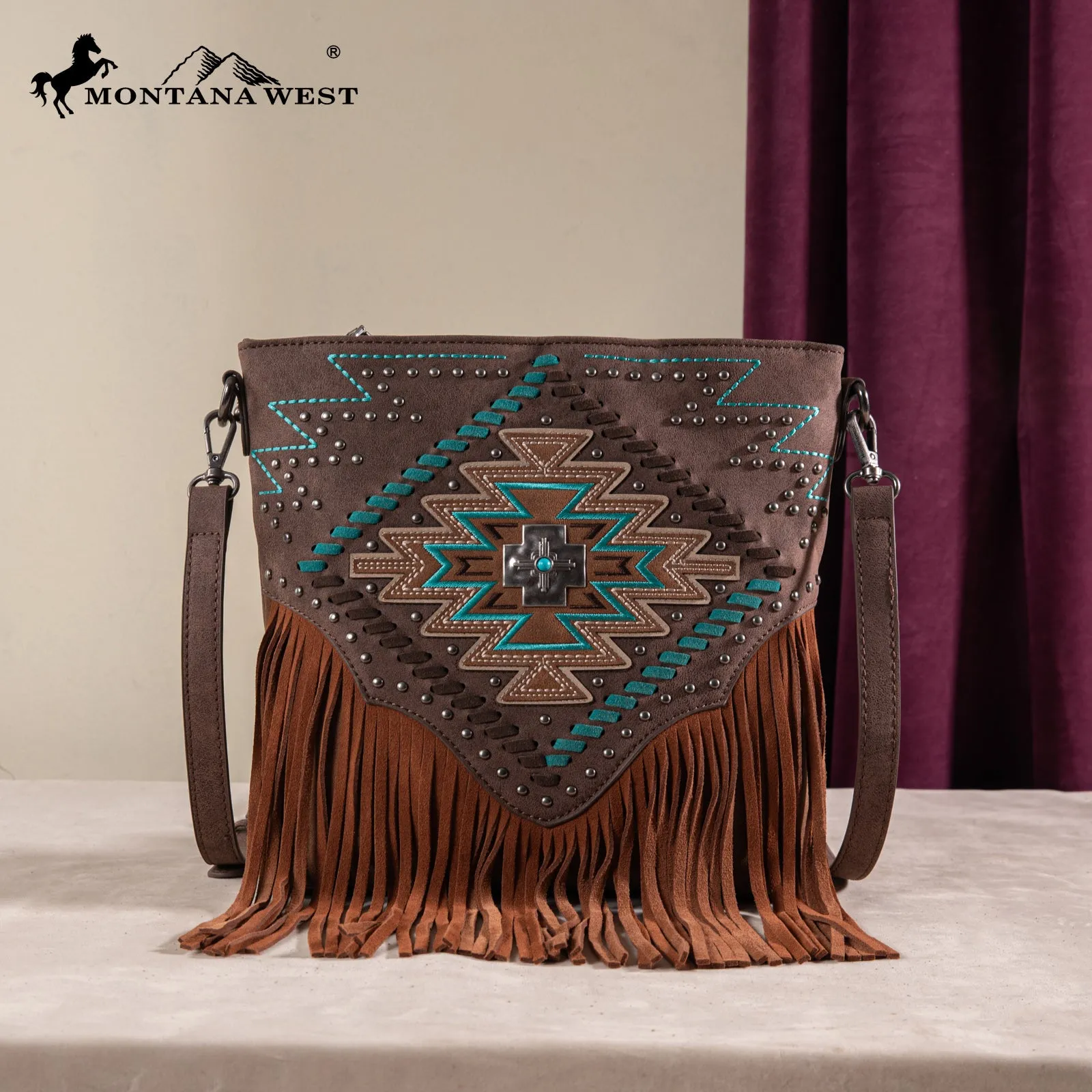 MW1315G-9360  Montana West Embroidered Aztec Collection Concealed Carry Crossbody - Coffee