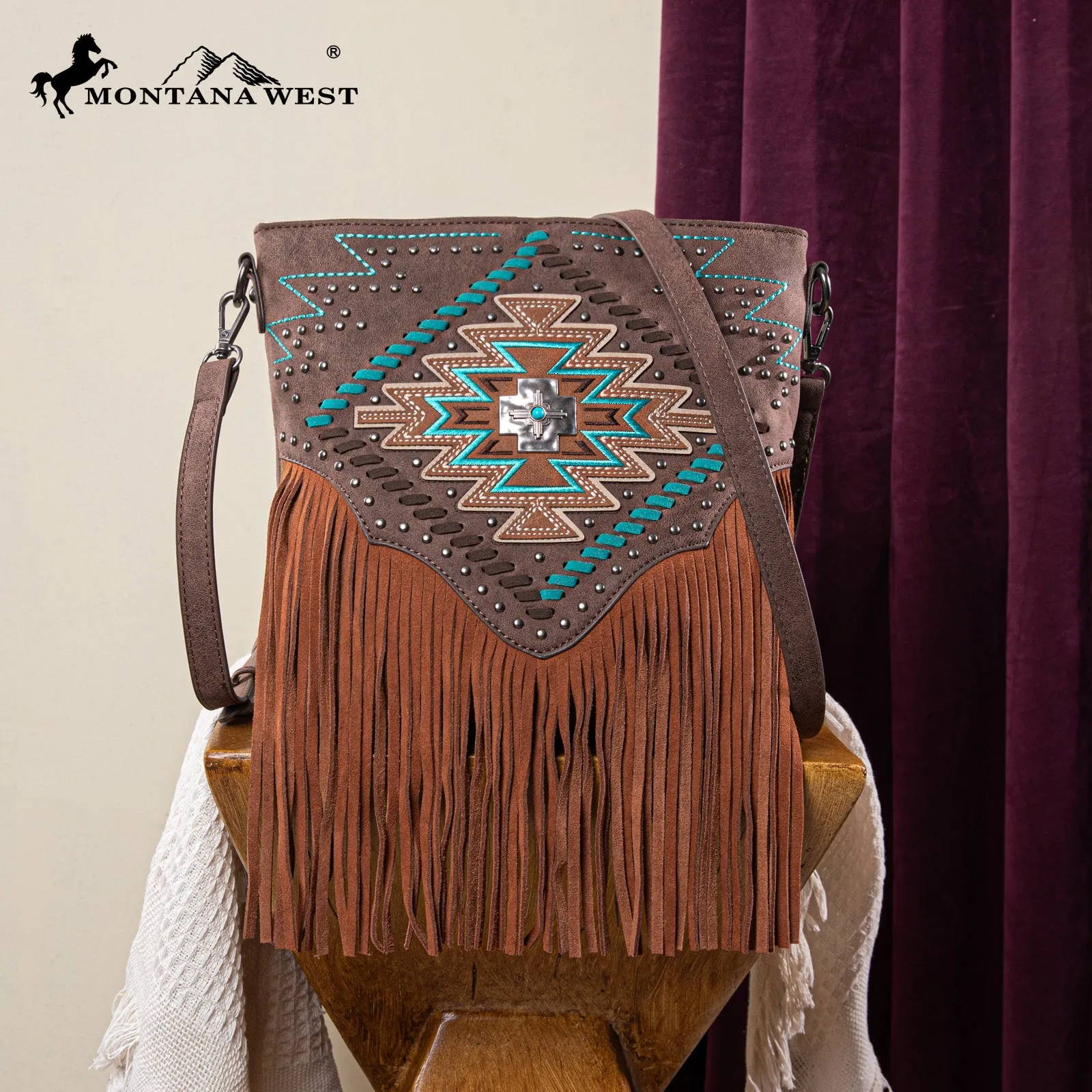 MW1315G-9360  Montana West Embroidered Aztec Collection Concealed Carry Crossbody - Coffee