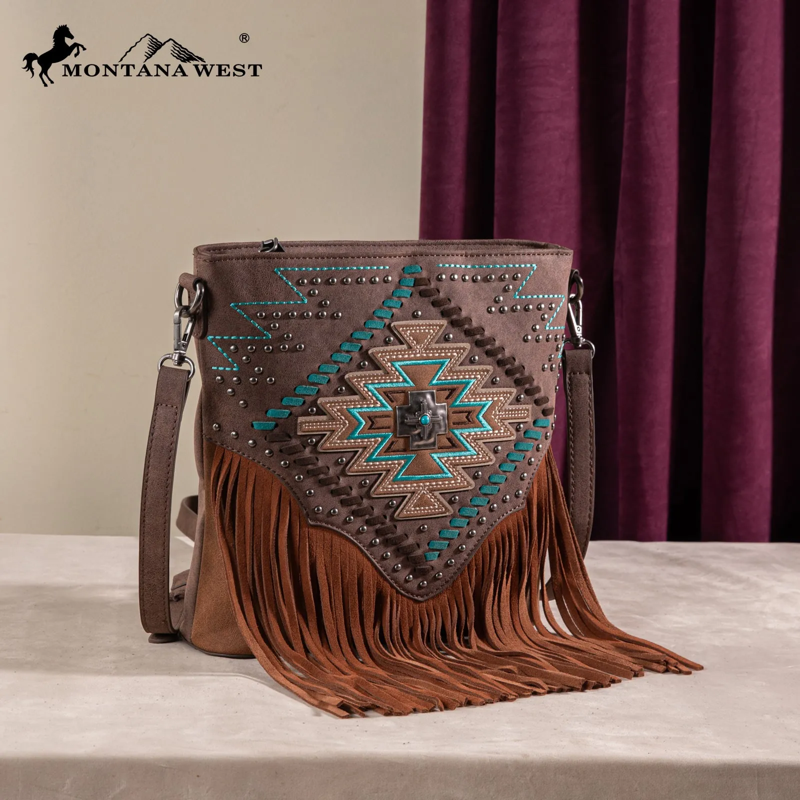 MW1315G-9360  Montana West Embroidered Aztec Collection Concealed Carry Crossbody - Coffee