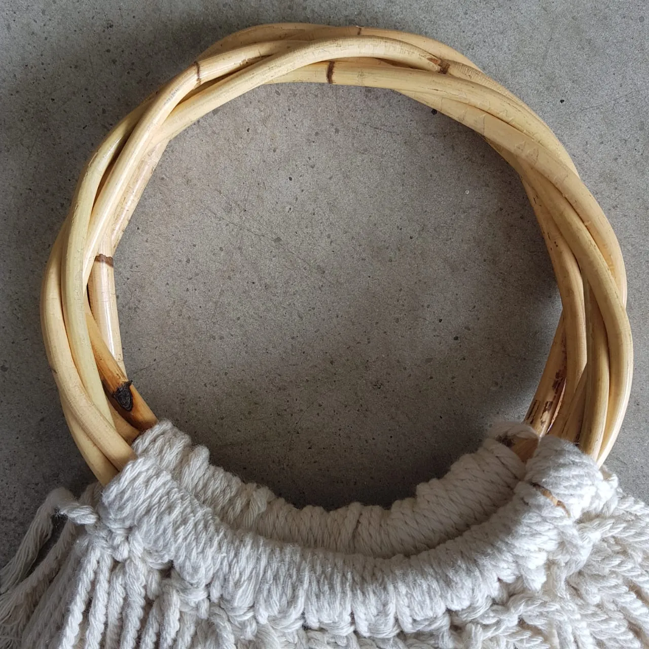 Natural Woven Cotton Macrame Bag With Bamboo Handles