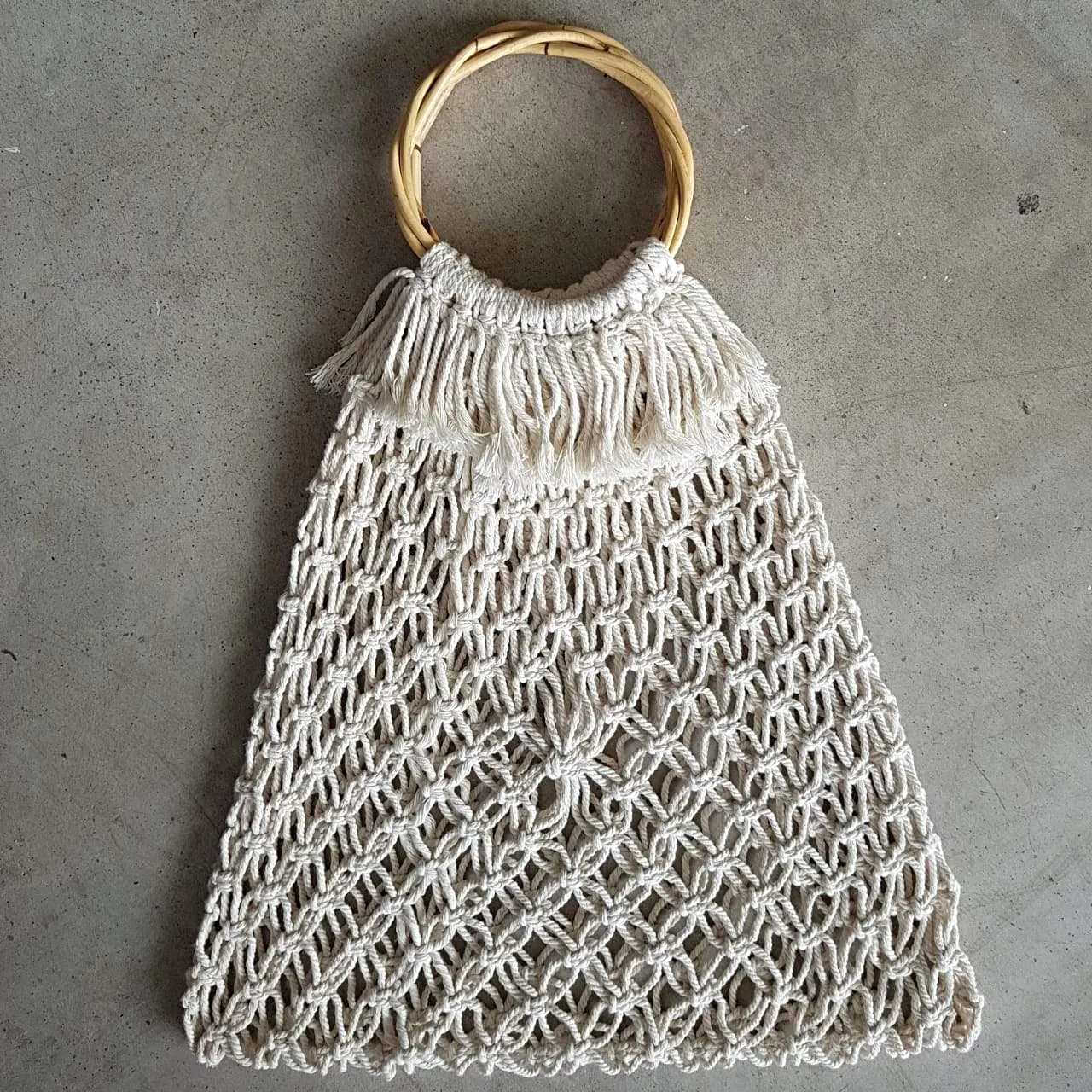 Natural Woven Cotton Macrame Bag With Bamboo Handles