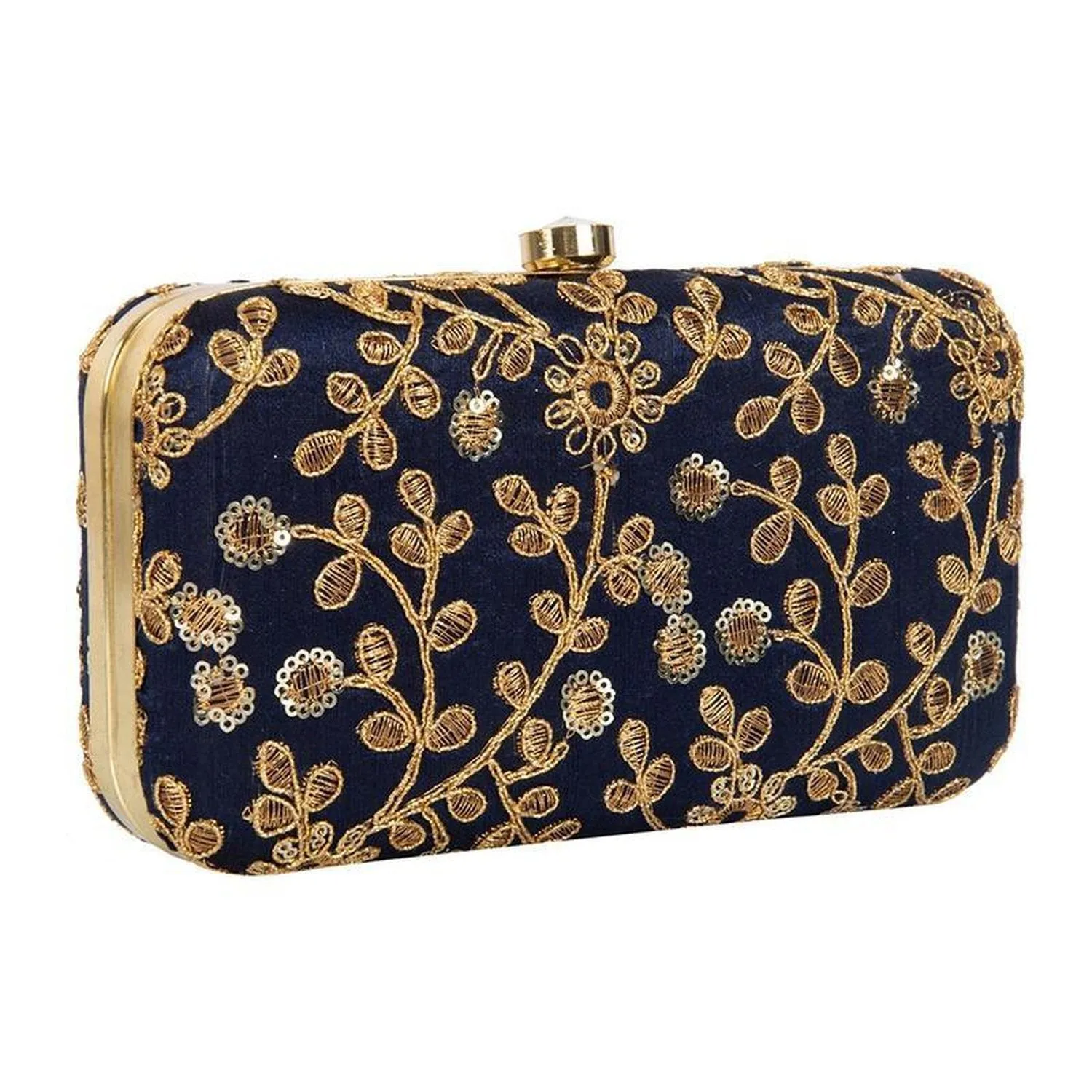 Navy Blue Colored Handcrafted Partywear Zari Embroidered Clutch