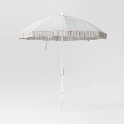 New - 6.5'x6.5' Round Outdoor Patio Beach Umbrella with Fringe Ivory - Threshold