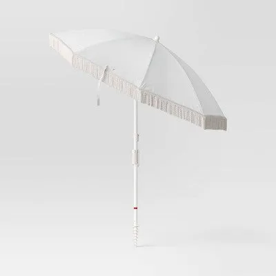 New - 6.5'x6.5' Round Outdoor Patio Beach Umbrella with Fringe Ivory - Threshold